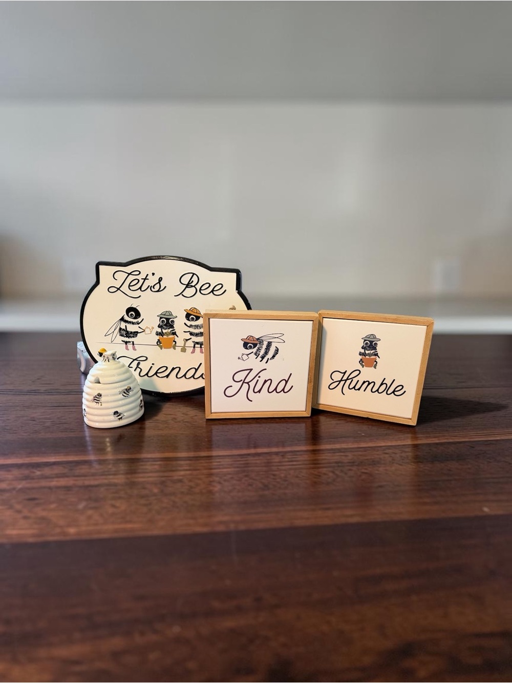Bee-Themed Wood Signs and Ceramic Hive Decor - Cream & Black
